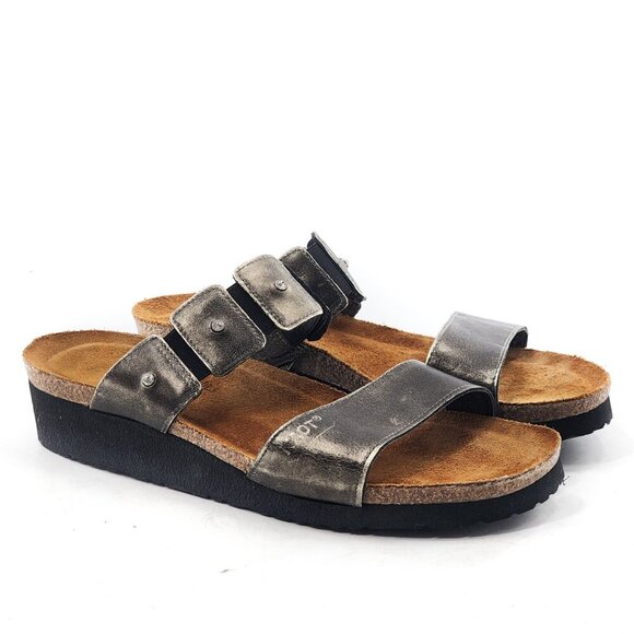 NAOT Ashley Silver Leather Rhinestones Low Wedge Slide Sandals - Picture 4 of 6